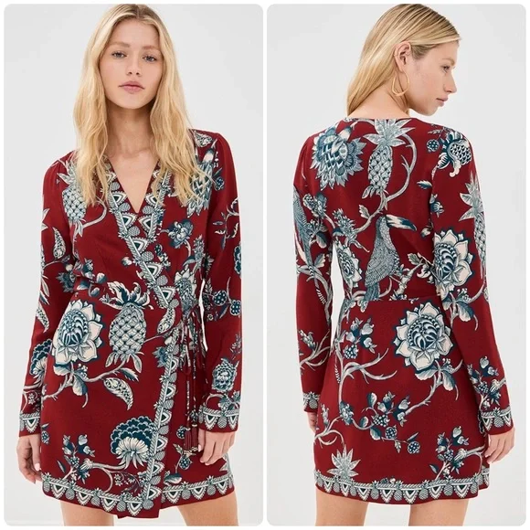 FARM Rio Dress Tropical Landing Red Wrap Long Sleeve V-Neck Mini Dress Medium